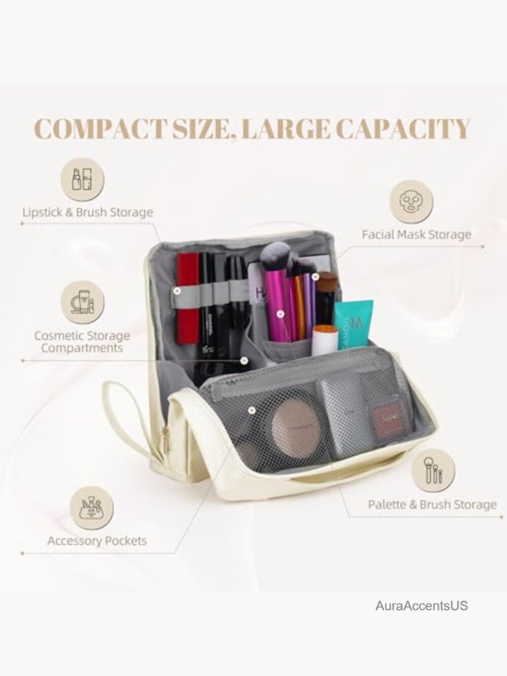 Portable Leather Cosmetic Bag with Magnetic Stand, Waterproof Makeup Organizer - Picture 3 of 7